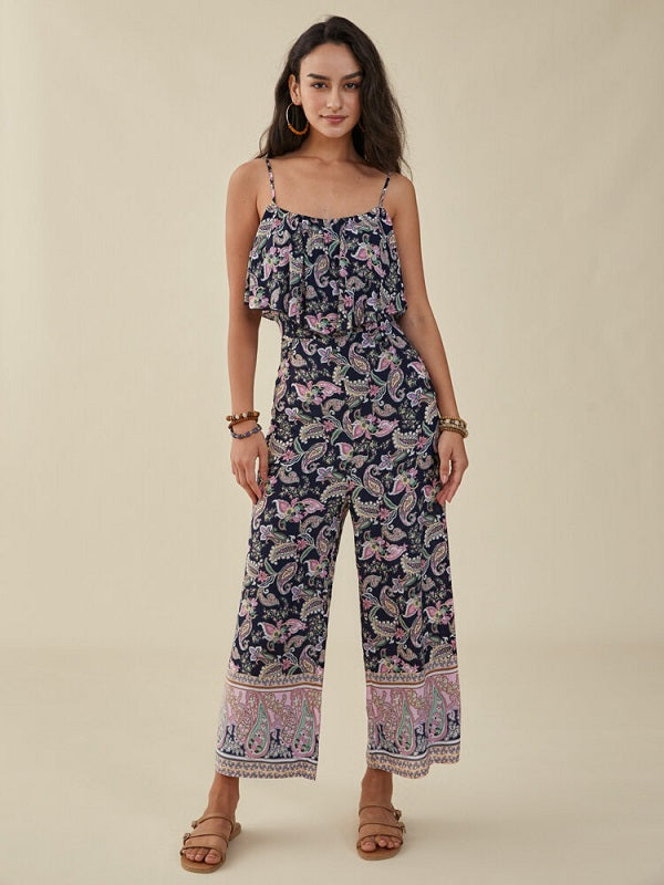 Paisley Print Adjustable Strap Open Back Chiffon Jumpsuit Mssza