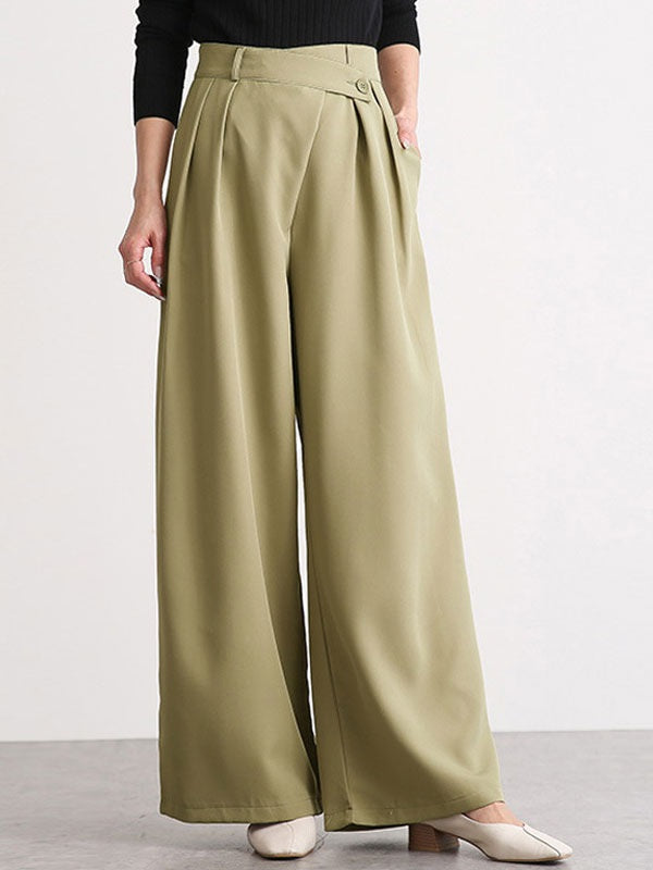 Pants Buttons Polyester High Rise Waist Wide Trousers Mssza