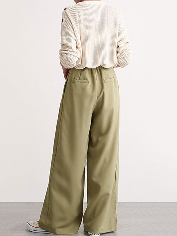 Pants Buttons Polyester High Rise Waist Wide Trousers Mssza