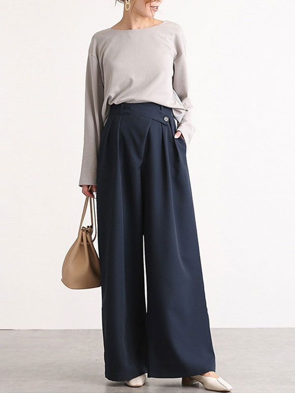 Pants Buttons Polyester High Rise Waist Wide Trousers Mssza