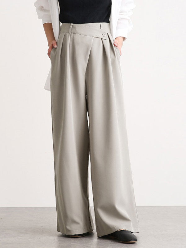 Pants Buttons Polyester High Rise Waist Wide Trousers Mssza