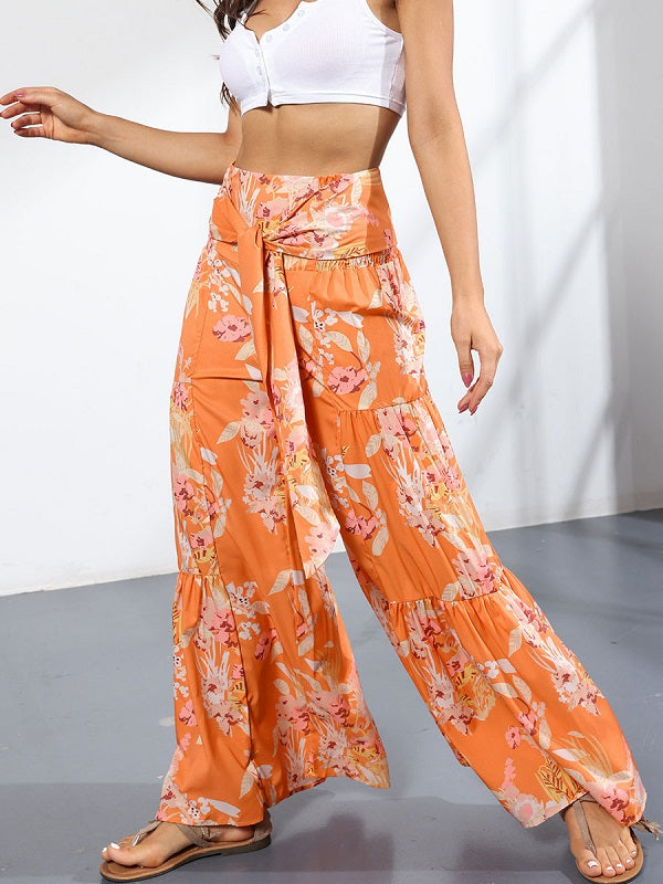 Pants Lace Up Polyester Floral Print Trousers Mssza