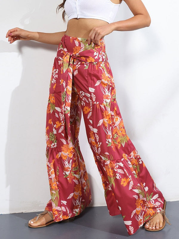 Pants Lace Up Polyester Floral Print Trousers Mssza