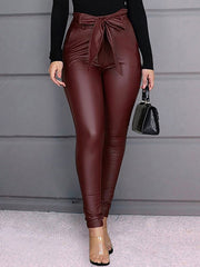 Pants Leather Raised Tapered Fit Solid Color Waist Trousers Mssza