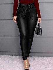 Pants Leather Raised Tapered Fit Solid Color Waist Trousers Mssza