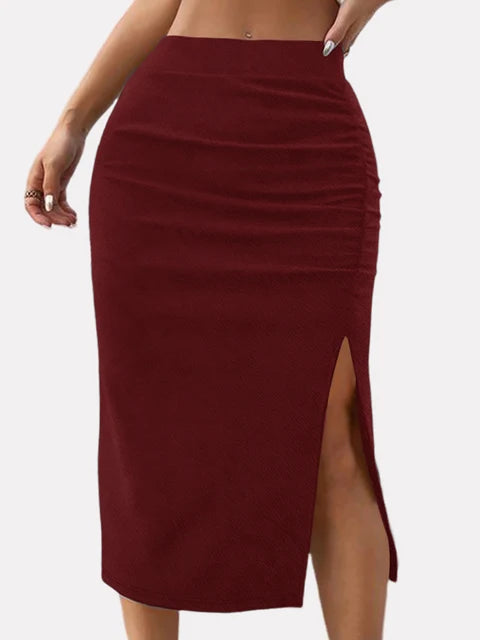 Party Solid Color Midi Skirts Casual High Waist Side Split Slim Skirts Ladies Elegant A Line Pleated Skirts Mssza