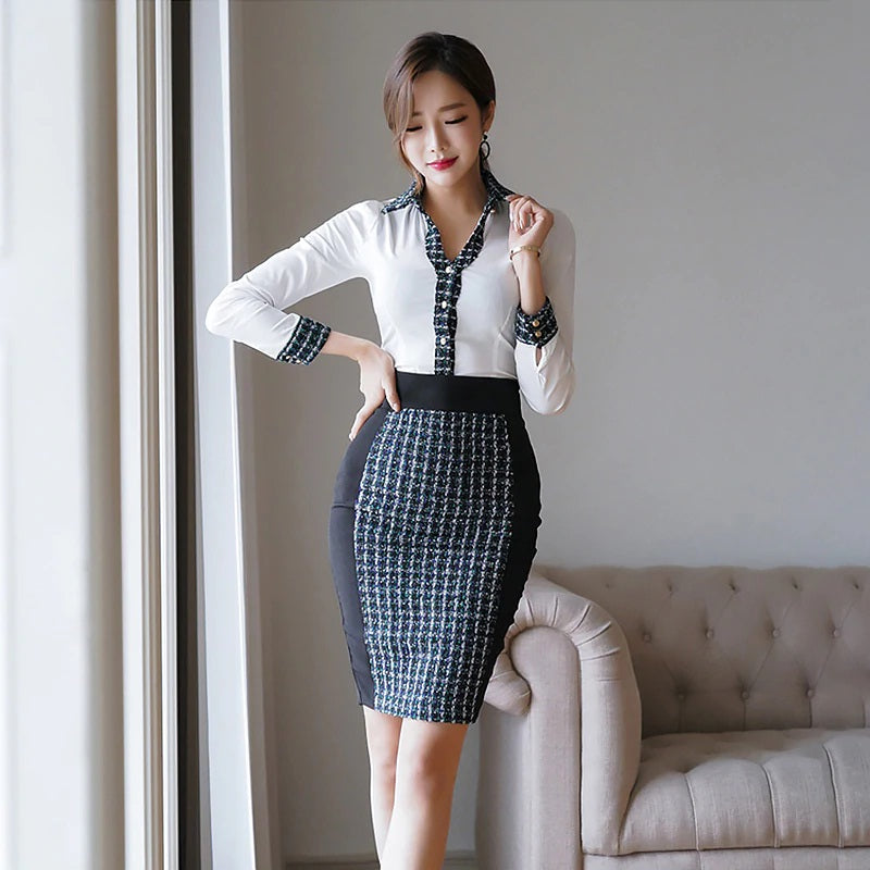 Patchwork Full Sleeve Office Work Two Pieces Short Bodycon Dress Mssza