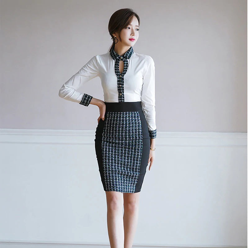 Patchwork Full Sleeve Office Work Two Pieces Short Bodycon Dress Mssza