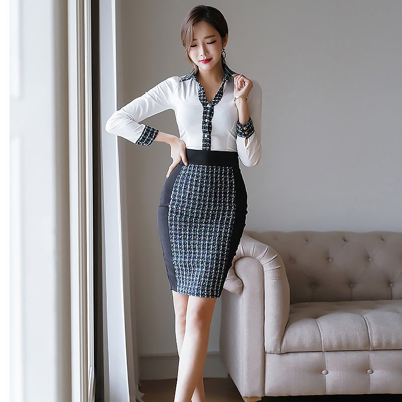 Patchwork Full Sleeve Office Work Two Pieces Short Bodycon Dress Mssza