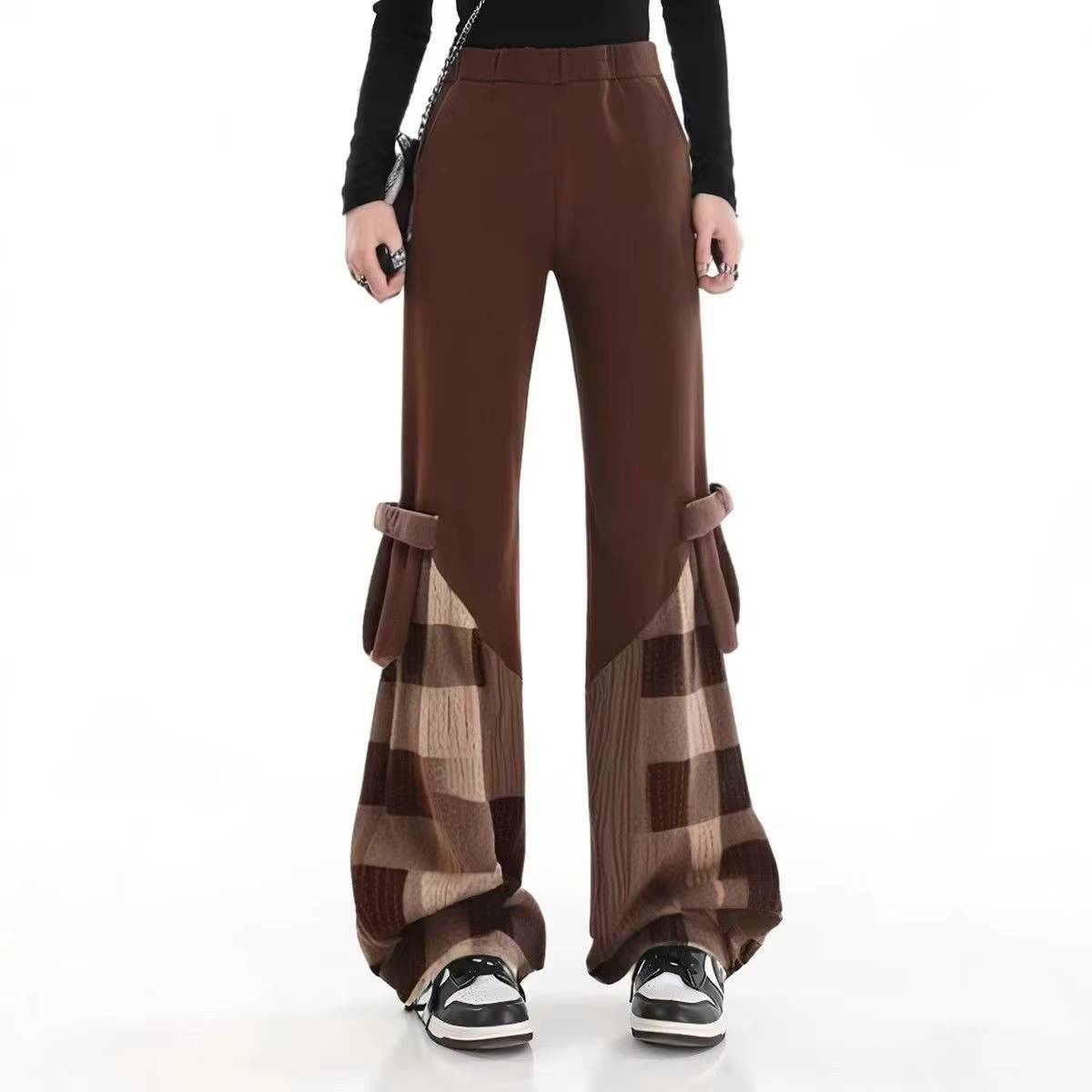 Patchwork Checkered Slim And Slightly Flared Pants Streetwear Mssza