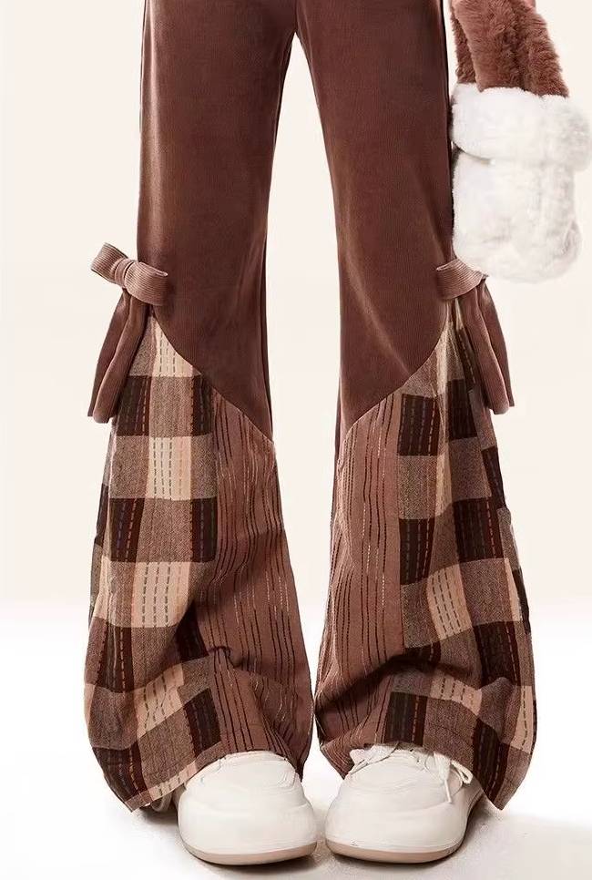 Patchwork Checkered Slim And Slightly Flared Pants Streetwear Mssza