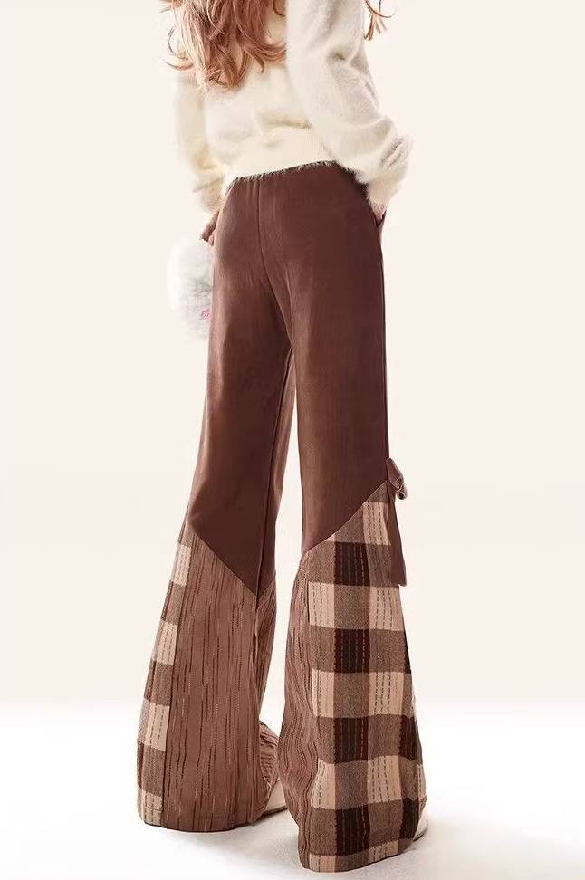 Patchwork Checkered Slim And Slightly Flared Pants Streetwear Mssza