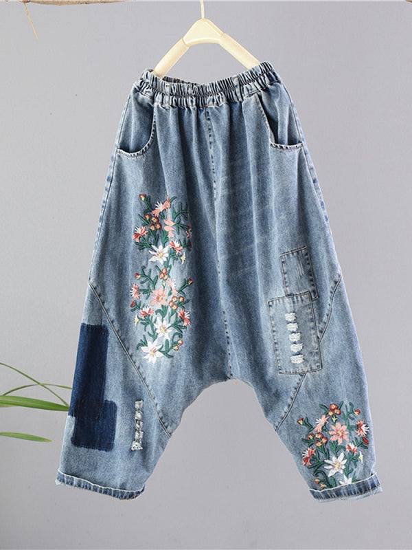 Patchwork Floral Embroidery Vintage Jeans Mssza