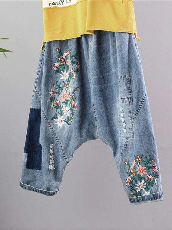 Patchwork Floral Embroidery Vintage Jeans Mssza