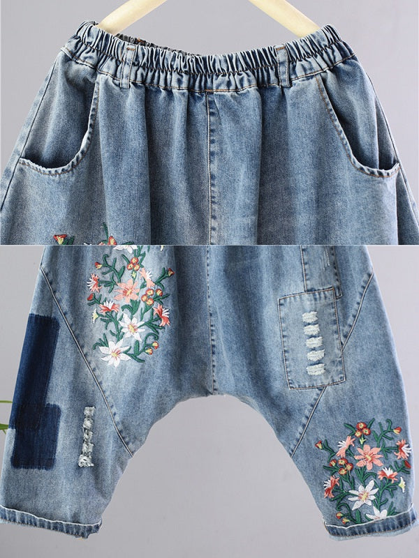 Patchwork Floral Embroidery Vintage Jeans Mssza