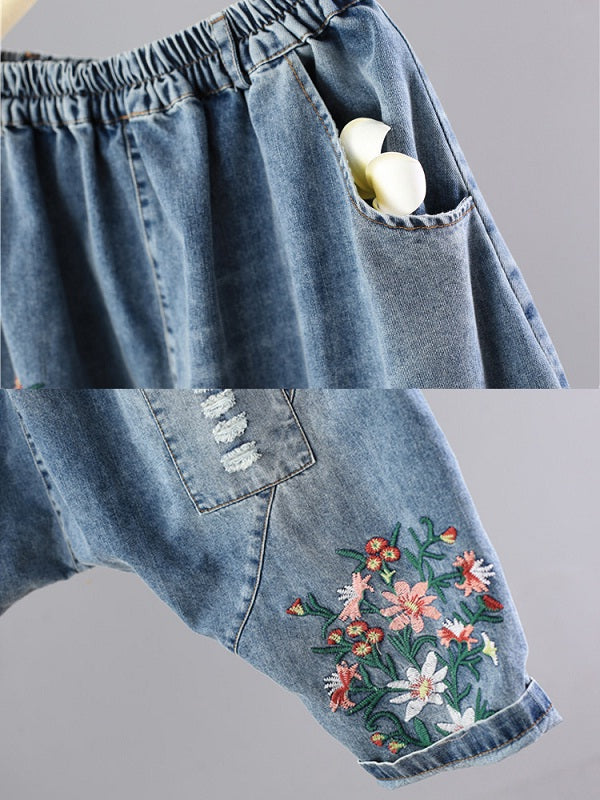 Patchwork Floral Embroidery Vintage Jeans Mssza