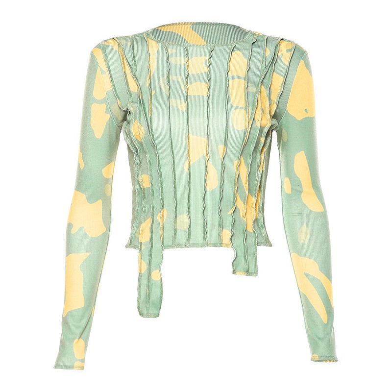 Patchwork Long Sleeve O Neck Slim Streetwear Tees Mssza