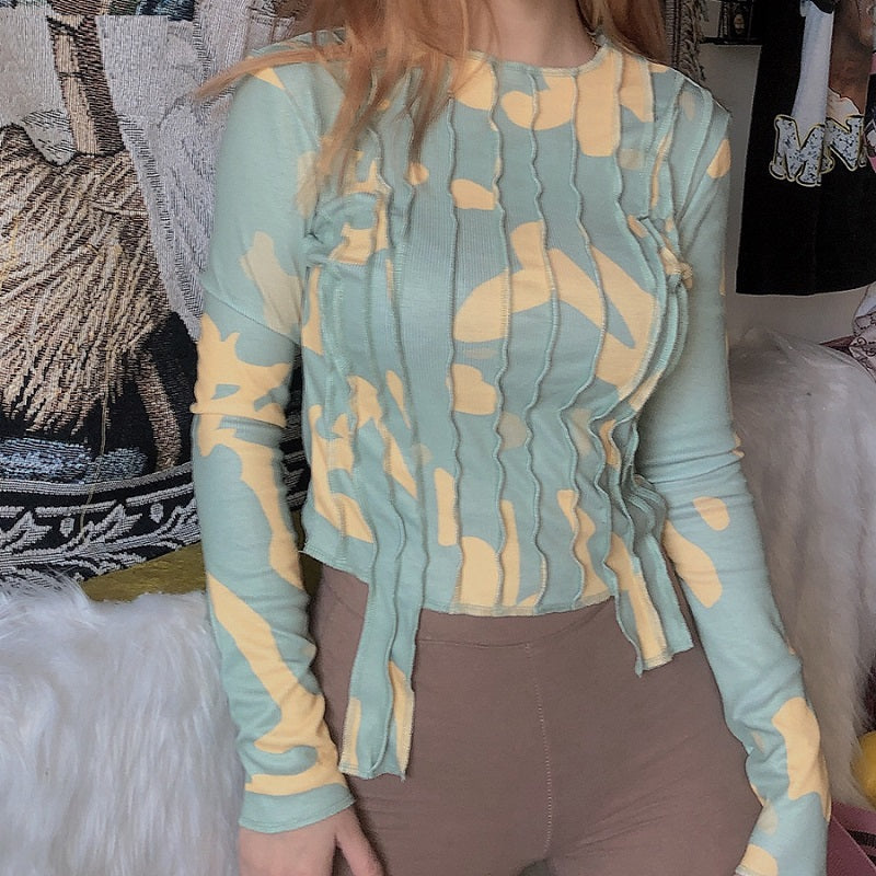 Patchwork Long Sleeve O Neck Slim Streetwear Tees Mssza
