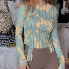 Patchwork Long Sleeve O Neck Slim Streetwear Tees Mssza