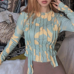 Patchwork Long Sleeve O Neck Slim Streetwear Tees Mssza