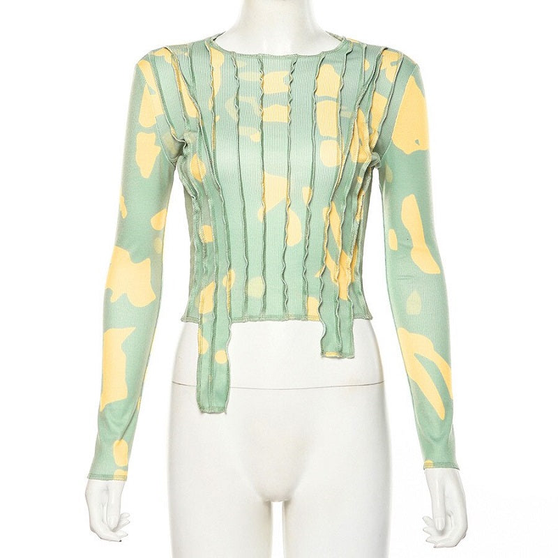 Patchwork Long Sleeve O Neck Slim Streetwear Tees Mssza