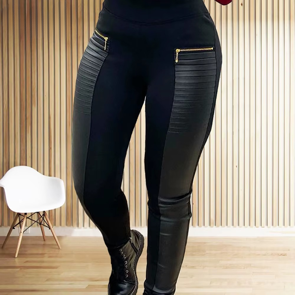 Patchwork PU Leather Zip Up Faux Leather High Waist Pencil Pants Mssza