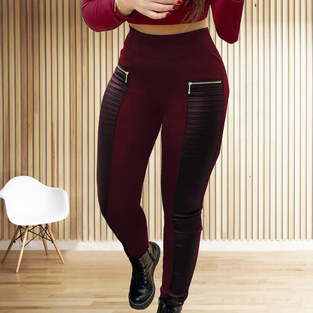 Patchwork PU Leather Zip Up Faux Leather High Waist Pencil Pants Mssza