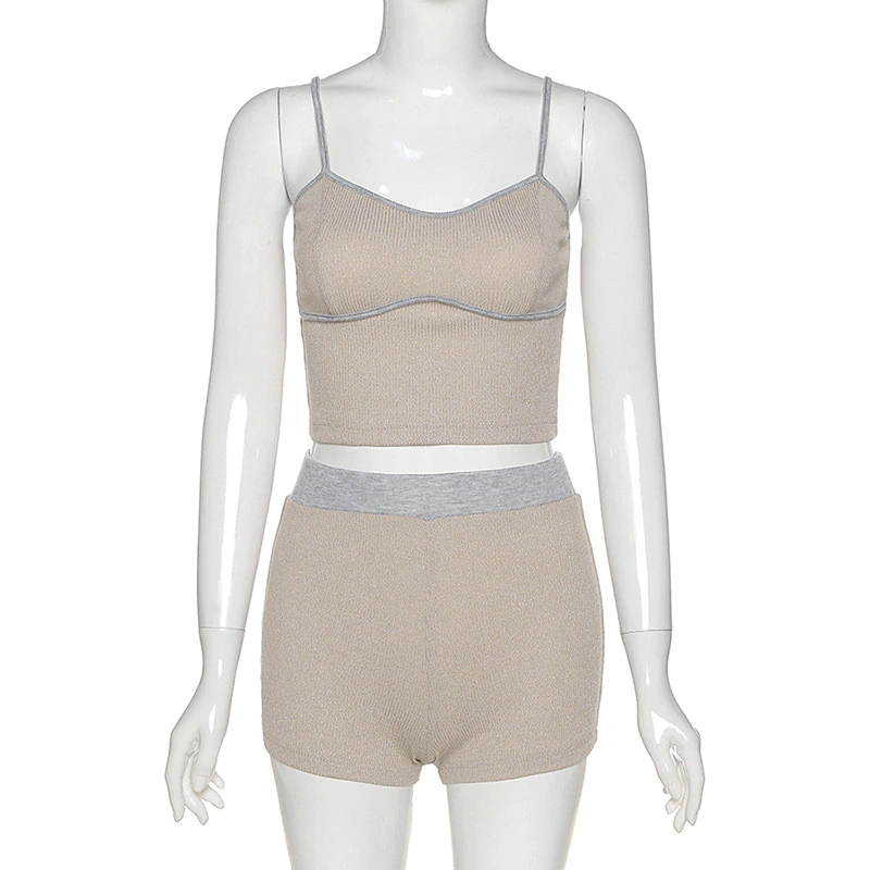 Patchwork Spaghetti Strap Crop Top Biker Shorts 2 Pieces Set Mssza