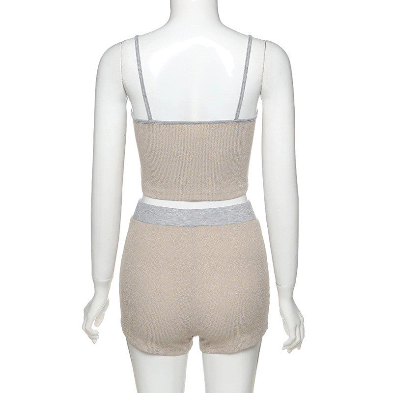 Patchwork Spaghetti Strap Crop Top Biker Shorts 2 Pieces Set Mssza