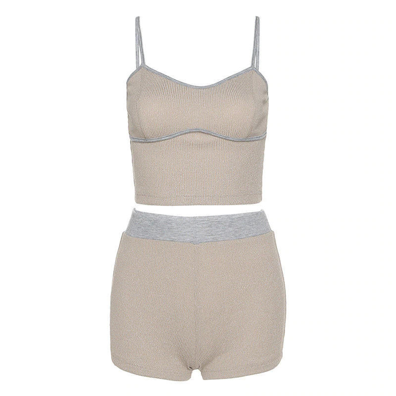 Patchwork Spaghetti Strap Crop Top Biker Shorts 2 Pieces Set Mssza