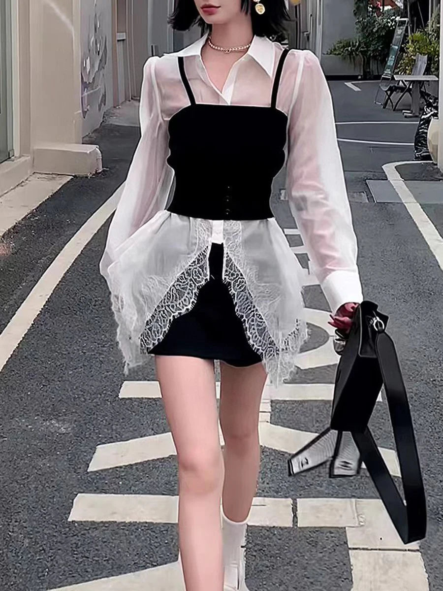 Patchwork Spliced Lace Long Sleeve Irregular Design Sense Shirts Mssza