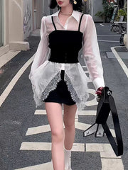 Patchwork Spliced Lace Long Sleeve Irregular Design Sense Shirts Mssza