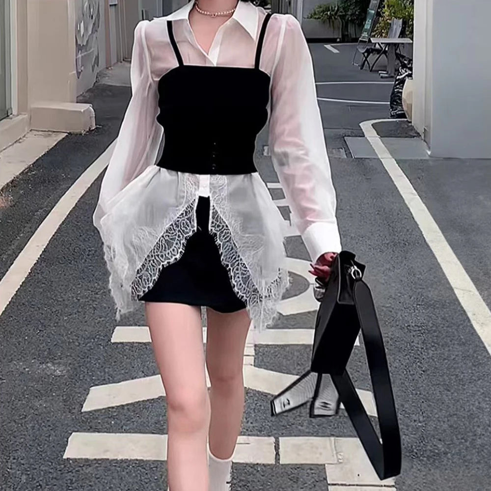 Patchwork Spliced Lace Long Sleeve Irregular Design Sense Shirts Mssza