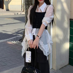 Patchwork Spliced Lace Long Sleeve Irregular Design Sense Shirts Mssza