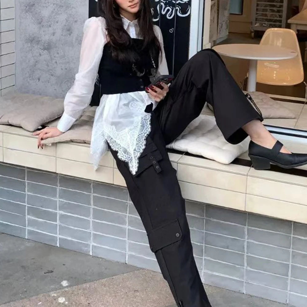 Patchwork Spliced Lace Long Sleeve Irregular Design Sense Shirts Mssza
