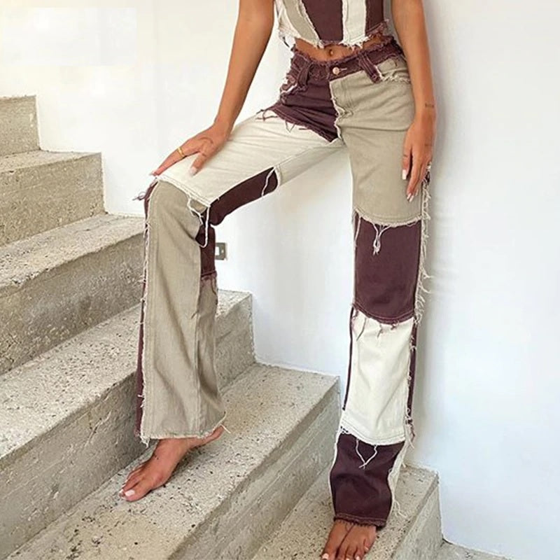 Patchwork Streetwear Hippie Jeans High Waist Pants Mssza