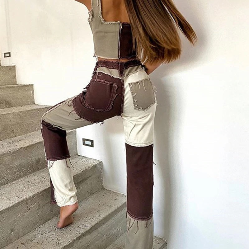 Patchwork Streetwear Hippie Jeans High Waist Pants Mssza