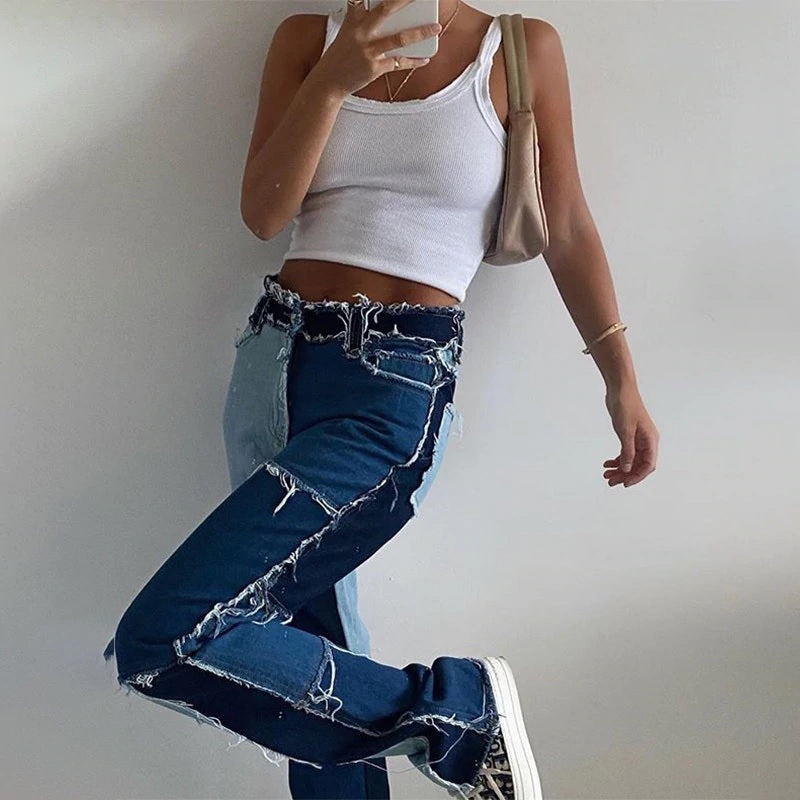 Patchwork Streetwear Hippie Jeans High Waist Pants Mssza