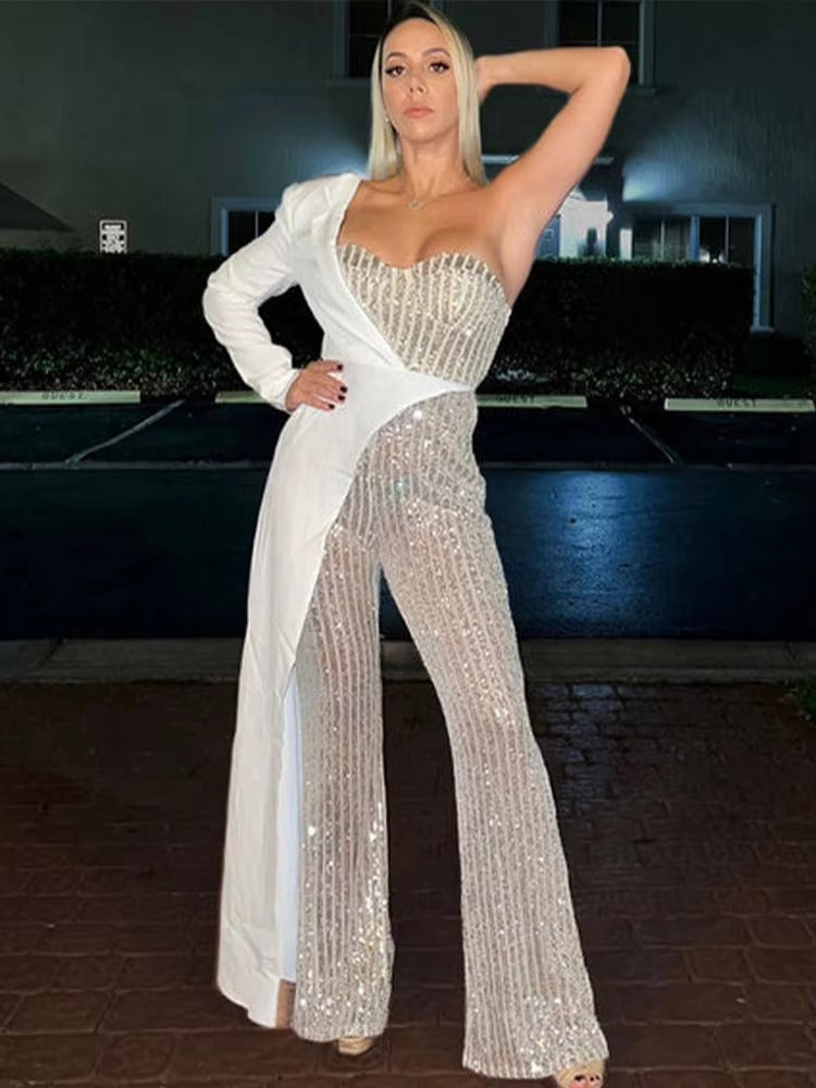Patchwork Suit Collar Shiny Sequined Full Sleeve Strapless One-Shoulder Jumpsuit Mssza