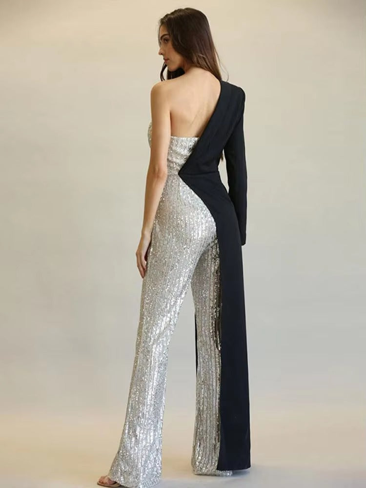 Patchwork Suit Collar Shiny Sequined Full Sleeve Strapless One-Shoulder Jumpsuit Mssza