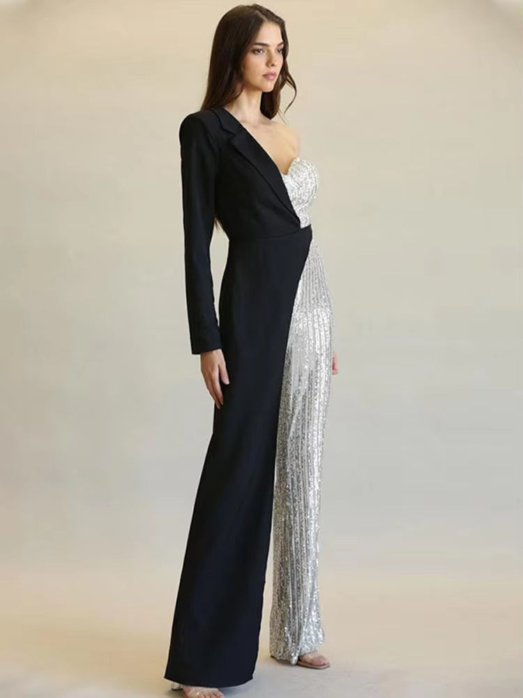 Patchwork Suit Collar Shiny Sequined Full Sleeve Strapless One-Shoulder Jumpsuit Mssza