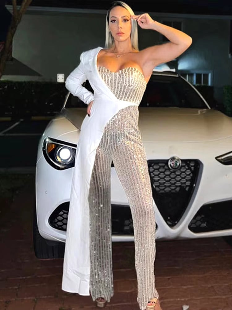 Patchwork Suit Collar Shiny Sequined Full Sleeve Strapless One-Shoulder Jumpsuit Mssza