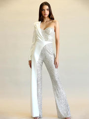 Patchwork Suit Collar Shiny Sequined Full Sleeve Strapless One-Shoulder Jumpsuit Mssza