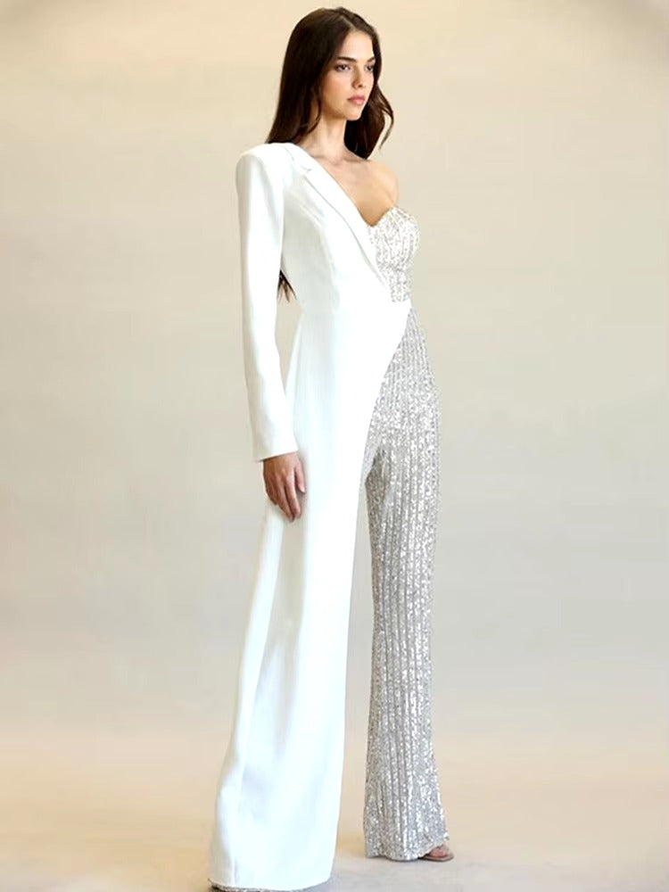 Patchwork Suit Collar Shiny Sequined Full Sleeve Strapless One-Shoulder Jumpsuit Mssza