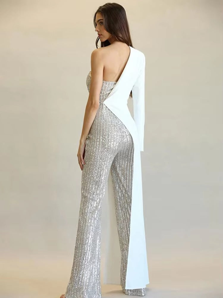 Patchwork Suit Collar Shiny Sequined Full Sleeve Strapless One-Shoulder Jumpsuit Mssza