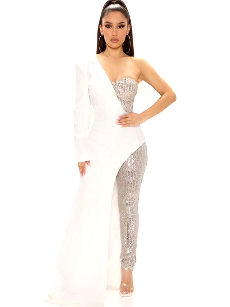 Patchwork Suit Collar Shiny Sequined Full Sleeve Strapless One-Shoulder Jumpsuit Mssza