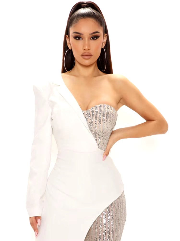 Patchwork Suit Collar Shiny Sequined Full Sleeve Strapless One-Shoulder Jumpsuit Mssza