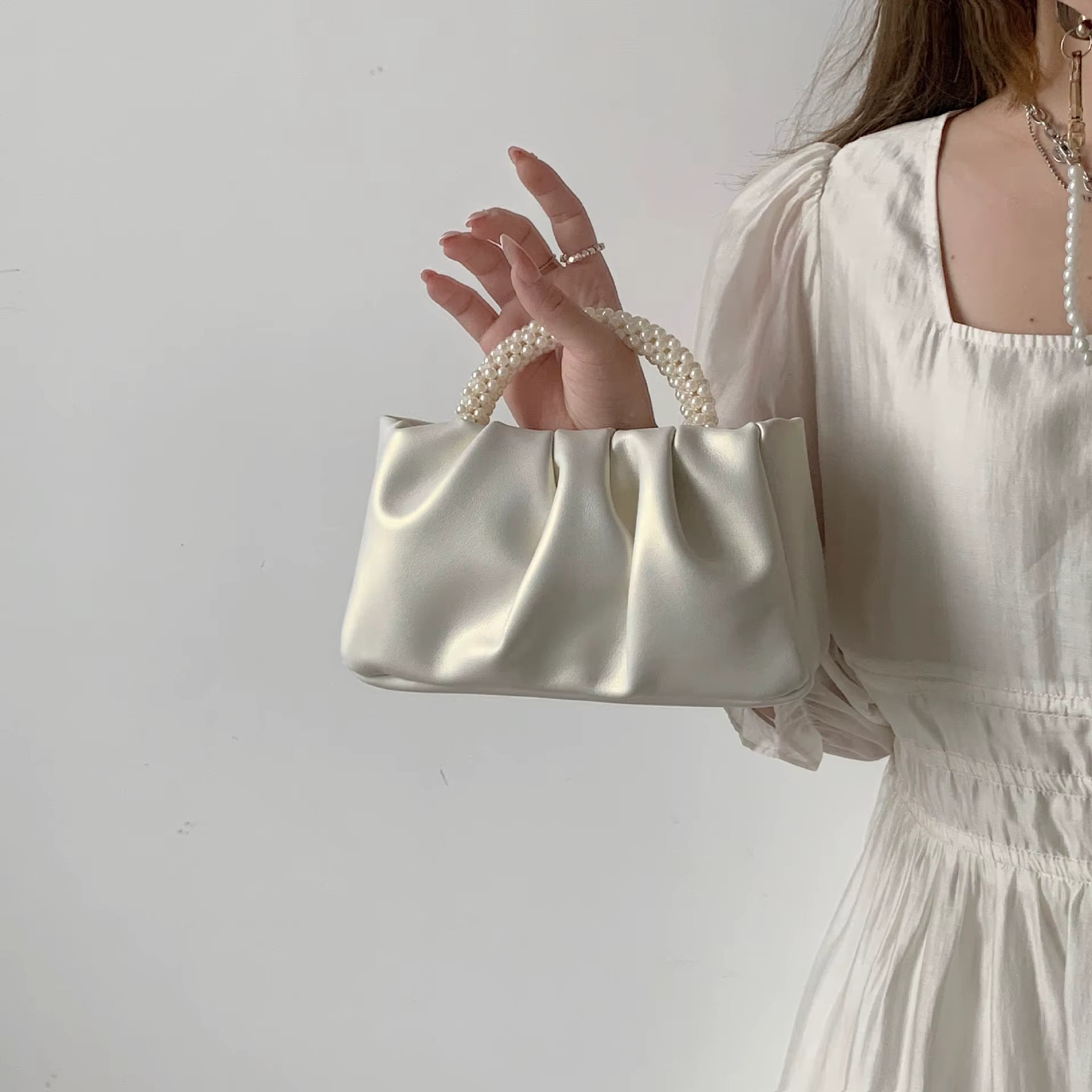 Pearl Handle Square Shoulder Small Messenger Dinner Clutch Purse Mssza