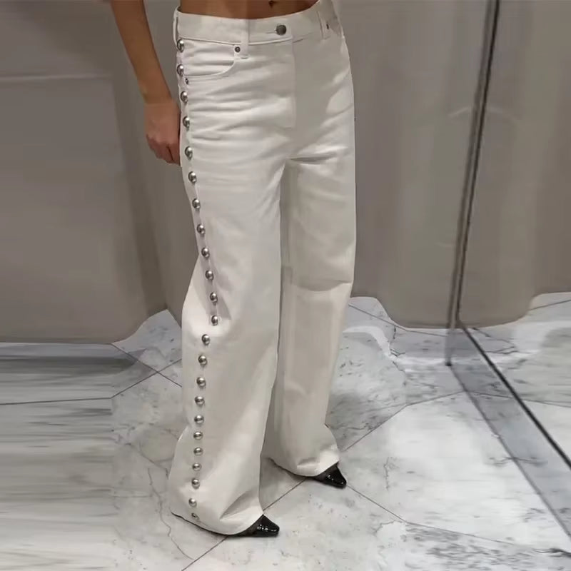 Pearl Low Waist Wide Leg Pocket Solid High Street Washed Denim Jean Mssza