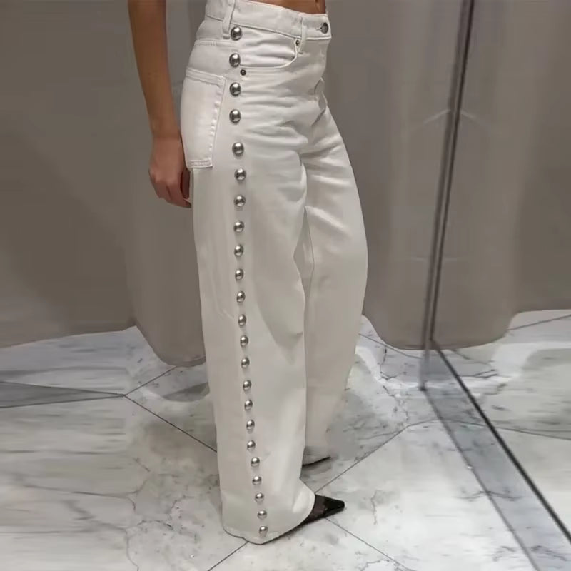 Pearl Low Waist Wide Leg Pocket Solid High Street Washed Denim Jean Mssza